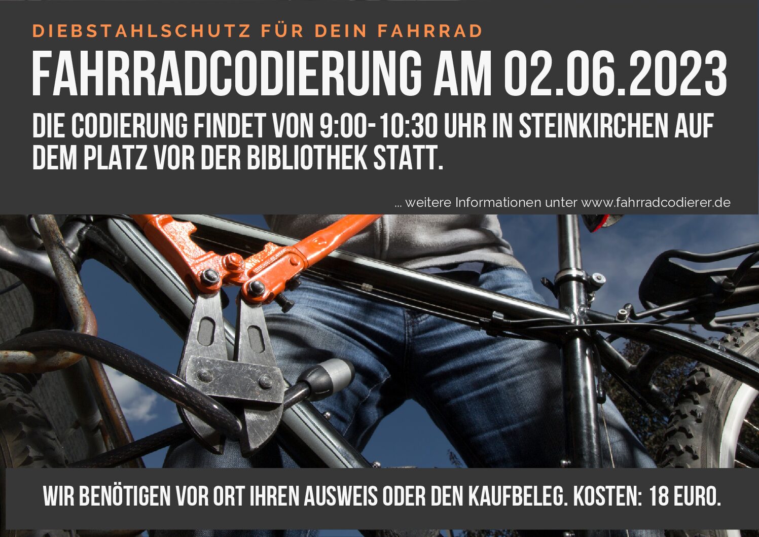 Diebstahlschutz: Fahrradcodierung am 2.6.23 von 9 – 10:30 vor der Gemeindebücherei Diebstahlschutz: Fahrradcodierung am 2.6.23 von 9 – 10:30 vor der Gemeindebücherei